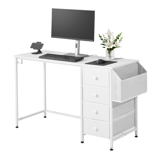 Computer Desk With Fabric Drawers, 47 Inch Reversible Study Work Writing Desk For Modern Home Office Bedroom, Simple Modern Cute PC Table Metal Frame Business Furniture, White
