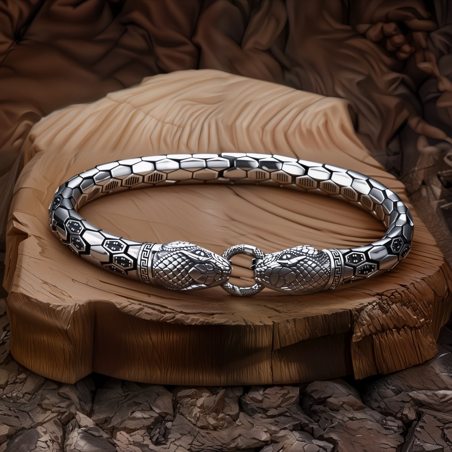 Dual Snake Head Honeycomb Scale Bracelet For Men, Copper Plated Silver Inlaid Black CZ Antique Oxidized Gothic Biker Vintage Wrist Jewelry Gift