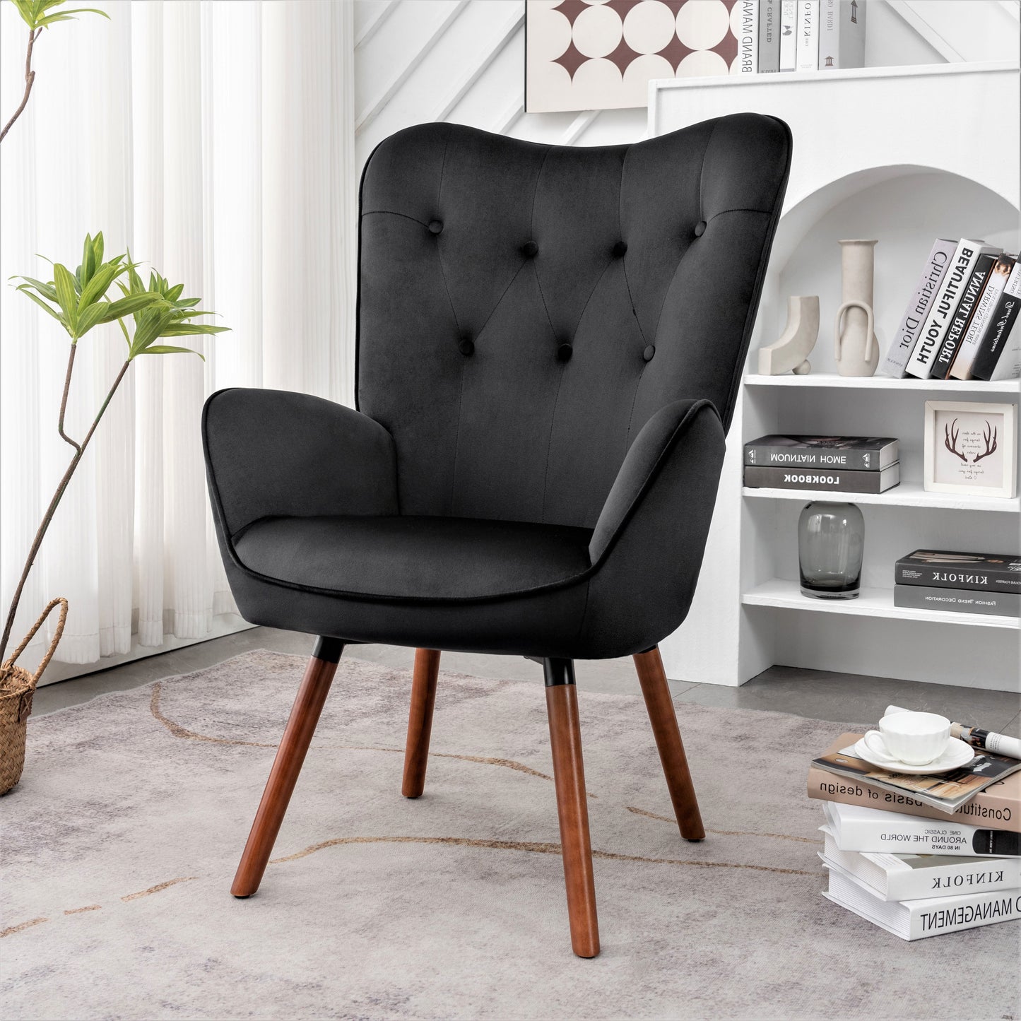 Mid-Century Modern Wingback Accent Chair, Button-Tufted Polyester Fabric Armchair With Solid Wood Splayed Legs For Living Room Bedroom Home Office