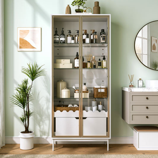 Tall Cabinet With Glass Door, Height-adjustable Glass Shelves, With Drawer, Wave Decor, Metal Feet  Suitable For Living Room, Bedroom And Hallway