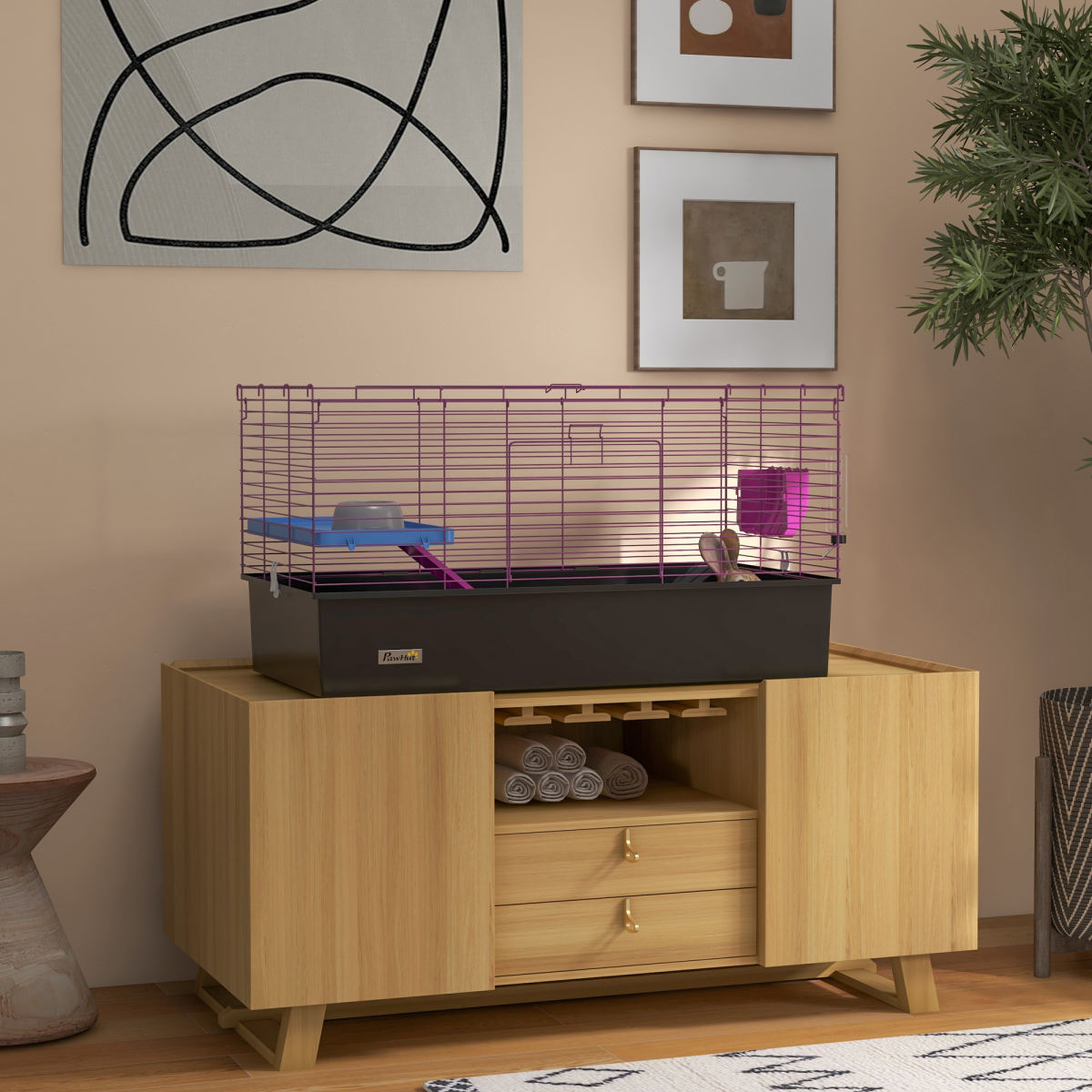 PawHut Chinchillas Small Rabbit Guinea Pig Small Animal Cage, Pet Playhouse, With Platform, Ramp, 99 X 52 X 53cm, Black