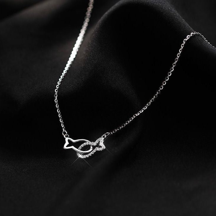 1pcs 999 Sterling Silver Hollow & Paved Fish Necklace, Elegant Trendy Style, Ideal For Birthday & Holiday Gifts