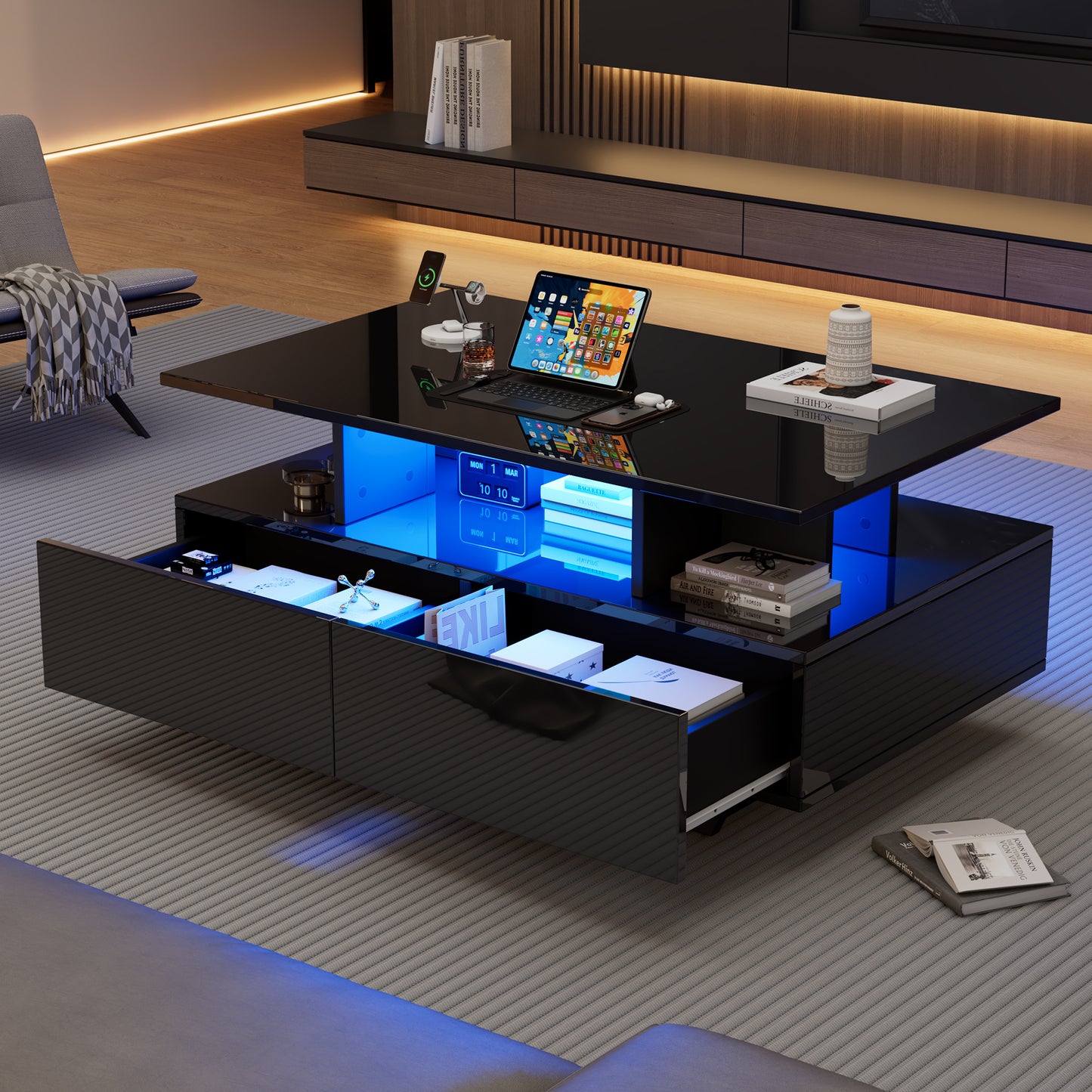Modern High-gloss Coffee Table With LED Lighting And 2 Drawers  Stylish 90x55x41 Cm Side Table With Storage, Loadable Up To 30 Kg