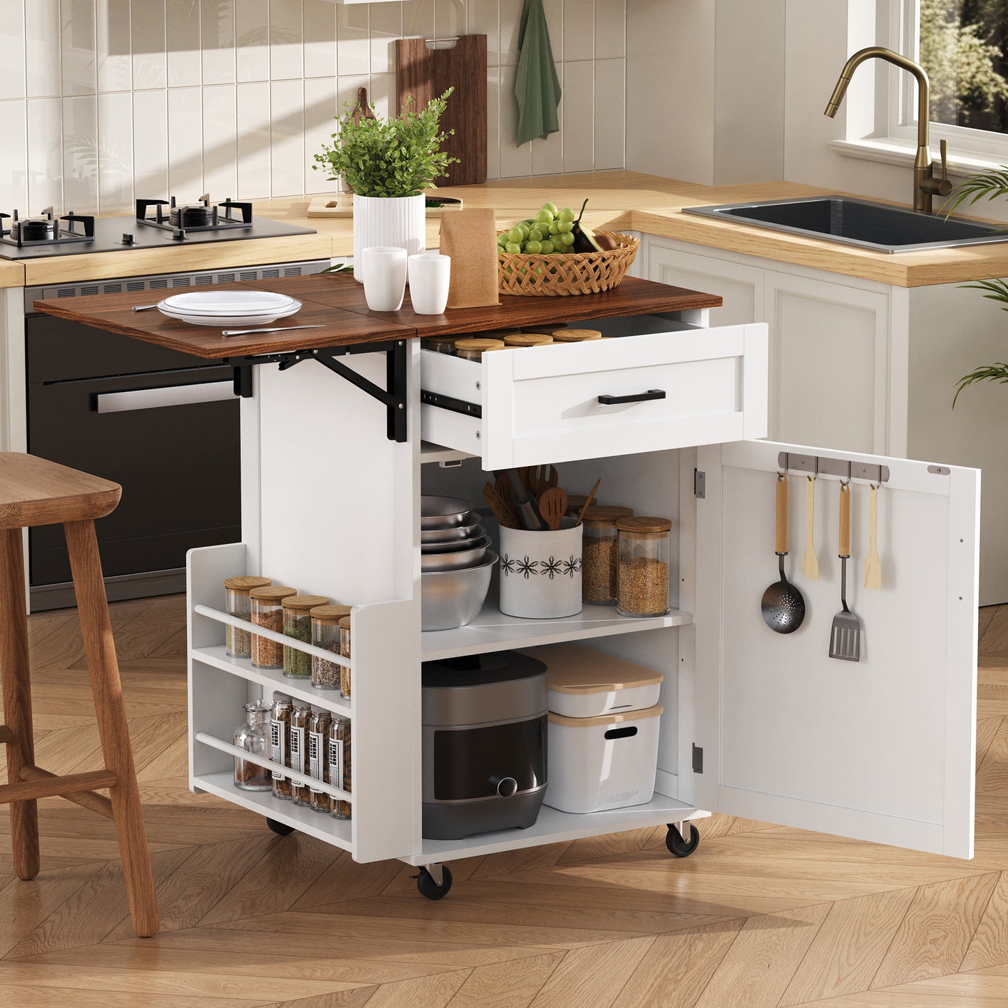 K&K 39.3  Farmhouse Kitchen Island With Drop Leaf, Kitchen Storage Island With Open Side Rack, One Drawer, Towel Rack, Rolling Kitchen Cart With Lockable Wheels For Lawn Garden, White