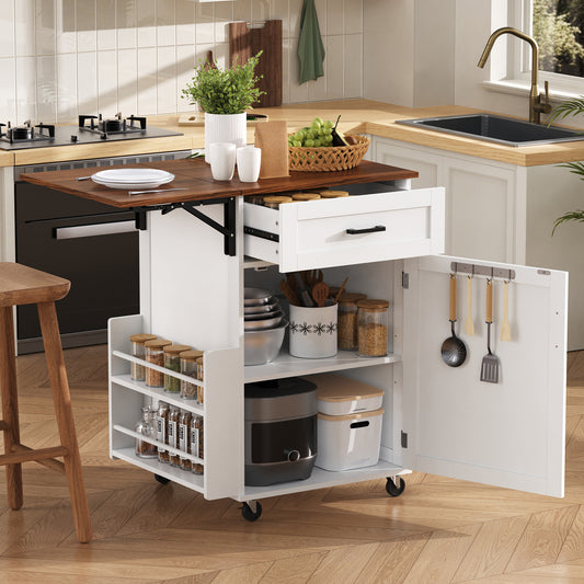 K&K 39.3  Farmhouse Kitchen Island With Drop Leaf, Kitchen Storage Island With Open Side Rack, One Drawer, Towel Rack, Rolling Kitchen Cart With Lockable Wheels For Lawn Garden, White