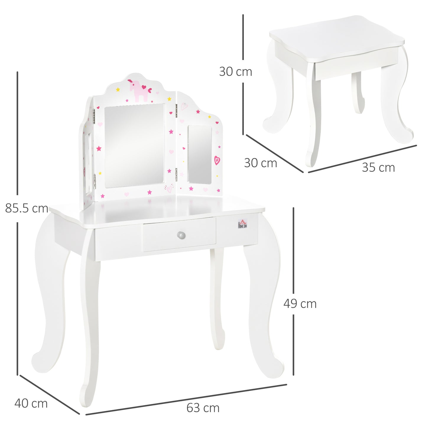 Kids Vanity Table And Chair Set With Tri-Folding Mirror And Stool, Makeup Dressing Table With Drawer, White