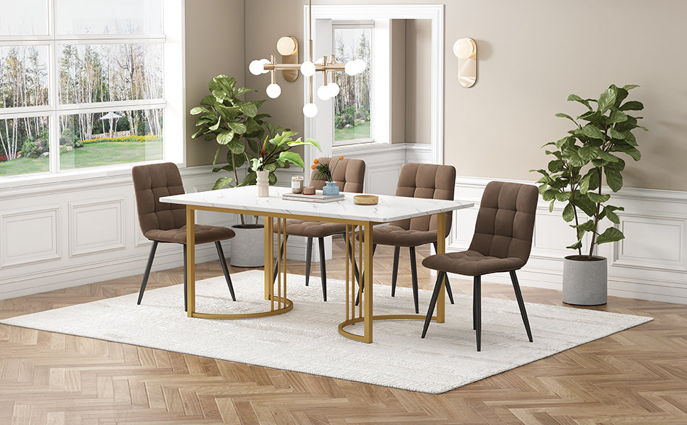 Dining Group 5-Piece,Dining Table With 4 Chairs Set, Modern Kitchen Table Set, 140x80cm Kitchen Table With Golden Metal Legs, MDF Table Top In White,Brown Velvet Dining Chairs