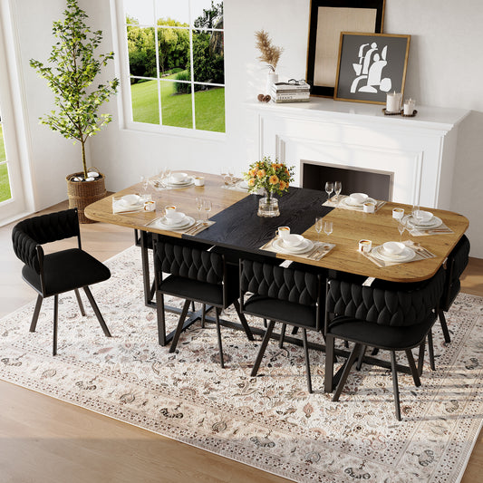 9-Piece Square Dining Table Set, Fixed Two-Tone Wood Grain & Black Wood Grain Triamine Tabletop With 8 Black Velvet Chairs, Modern Kitchen Table Set For 8 People, Ideal For Family Gatherings