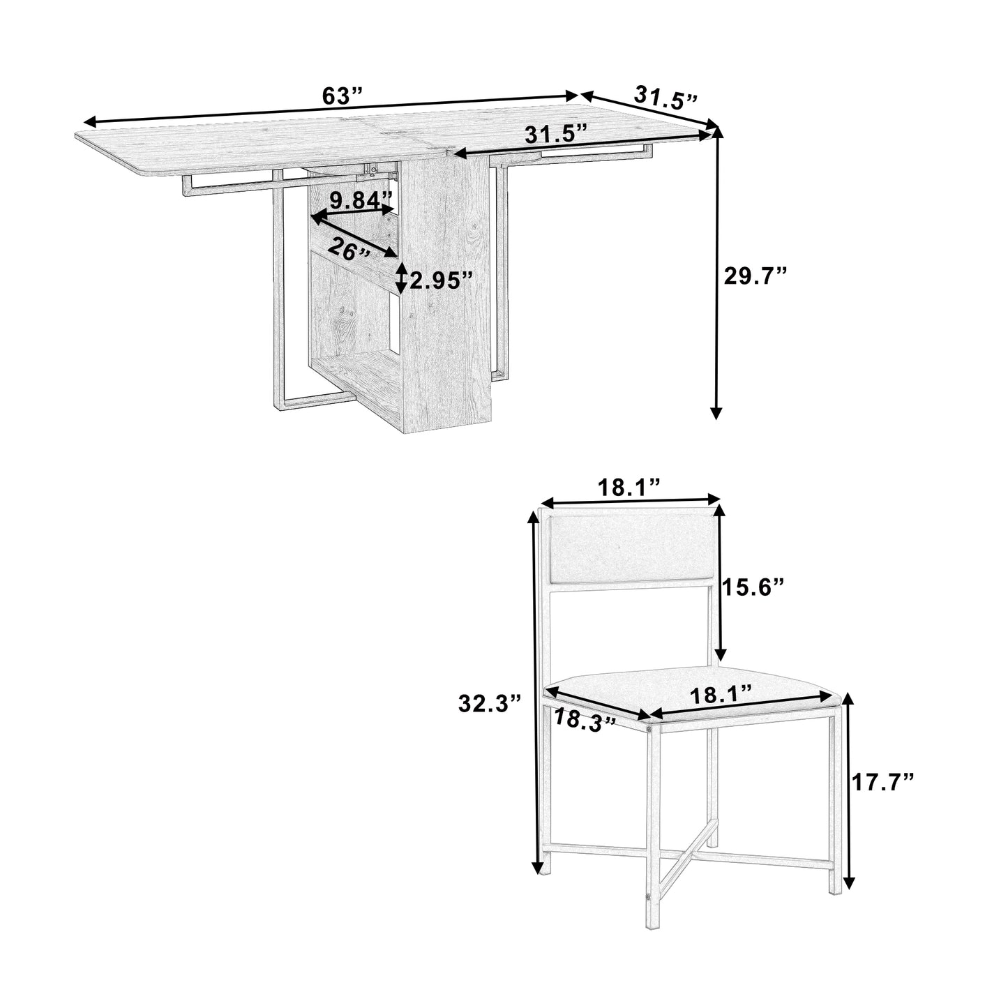 TOPMAX Modern Compact 63inch 5-Piece Extendable Dining Table Set, Foldable Square Kitchen Table Set With Storage Rack And 4 PU Leather Upholstered Dining Chairs For Small Places, White