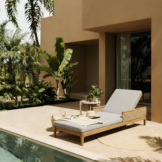 Solid Acacia Wood Sun Chaise Lounger With Grey Cushions And Light Grey Wicker, 76.8  Outdoor Patio Furniture For Garden, Deck, Poolside Relaxation,Natural  Light Grey Wicker