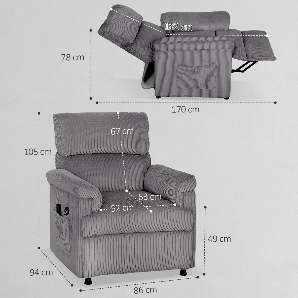 Corduroy Electric Massage Recliner - Grey