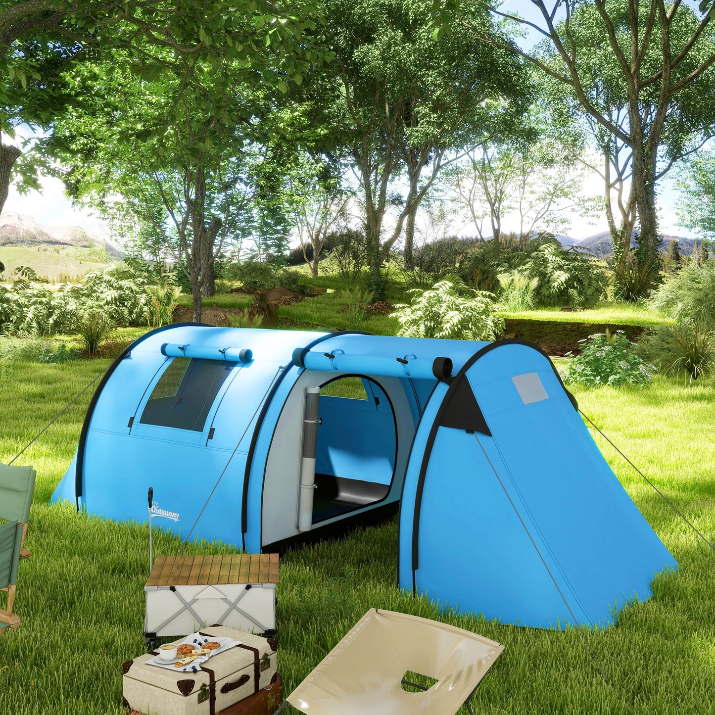 Four Man Duo Room Tunnel Tent, With Accessories - Sky Blue