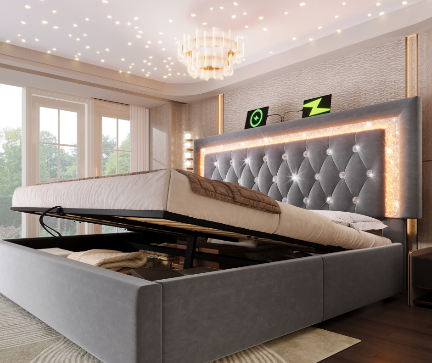 Upholstered Bed 160x200 Cm Velvet Double Bed With LED Diamond Band In The Headboard, USB & Type-C Charging Station, Hydraulic Bed Base, Youth Bed With Storage And Slatted Base, Grey  Without Mattress