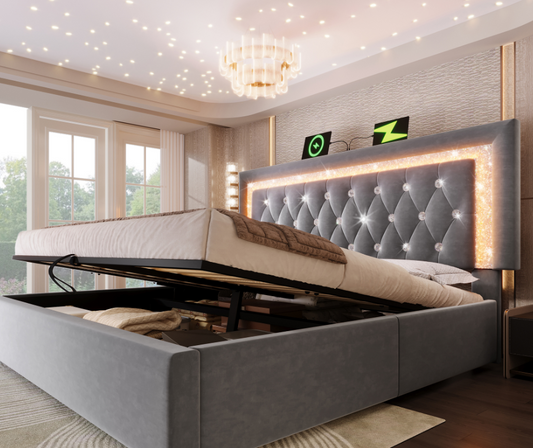 Upholstered Bed 160x200 Cm Velvet Double Bed With LED Diamond Band In The Headboard, USB & Type-C Charging Station, Hydraulic Bed Base, Youth Bed With Storage And Slatted Base, Grey  Without Mattress