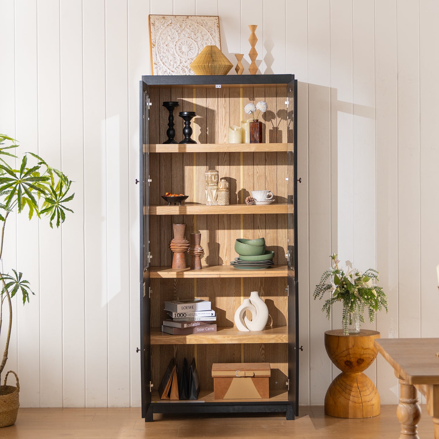 74.5 H Ash Wood Grain Display Cabinet, Bookcase With Glass Doors & Adjustable Shelves, Mid-Century Modern Bookshelf, Curio Cabinet For Hallways, Livingroom Kitchen & Office - Black
