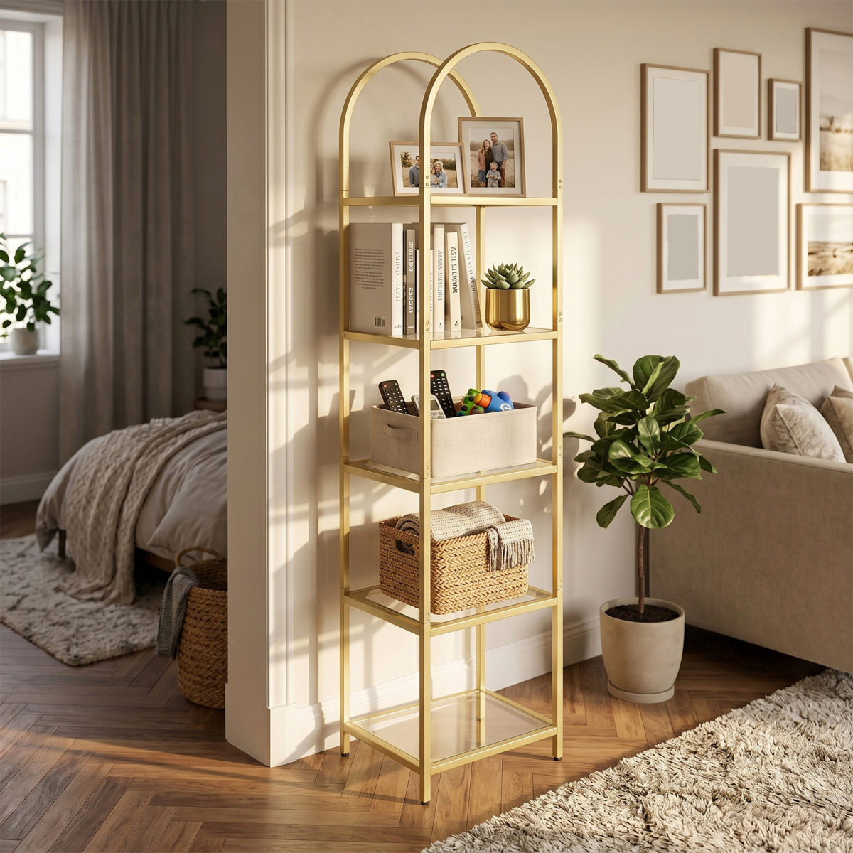 5 Tier Open Bookshelf Metal Tempered Glass Modern Tall Bookcase Display Storage Shelf Rack For Home Gold