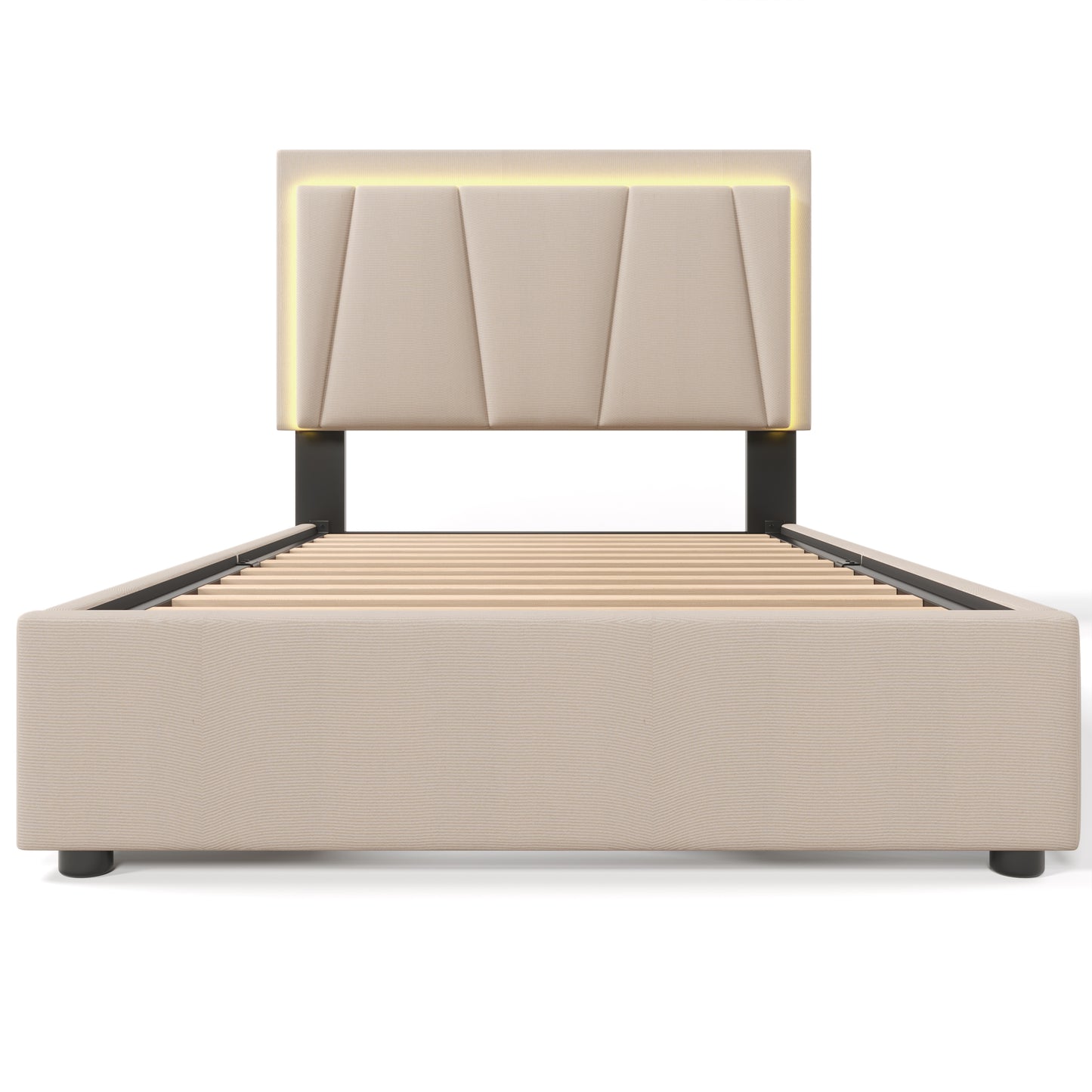 Sofa Bed With LED Lighting And 2 Drawers, Height Adjustable Headboard, Single Bed 90x200cm, Storage Bed Frame, Wooden Bar Bed, Beige Without Mattress