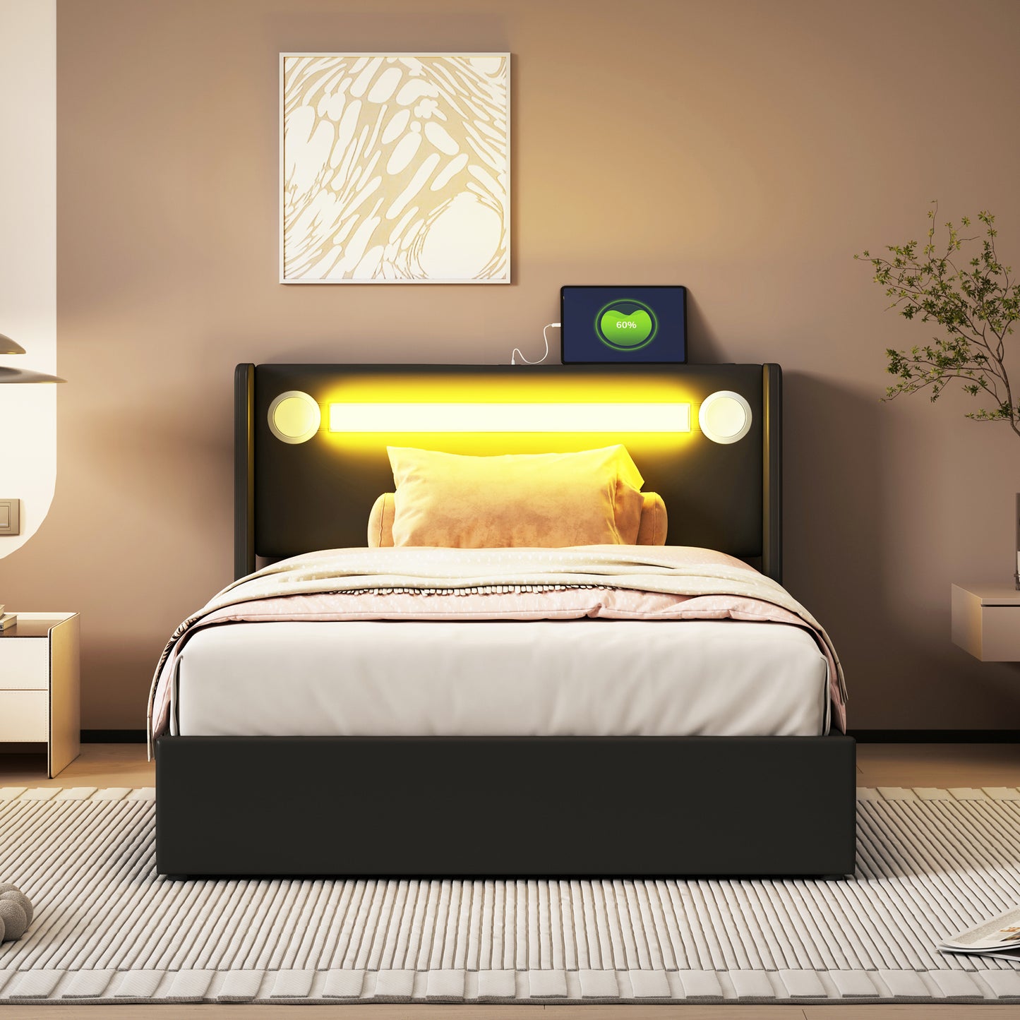 Upholstered Bed Cot 90x200 Bed With LED Light Strip, Bluetooth Player And USB Charging, PU Leather Storage Bed, Loft Bed Box, Youth Bed With Slatted Frame