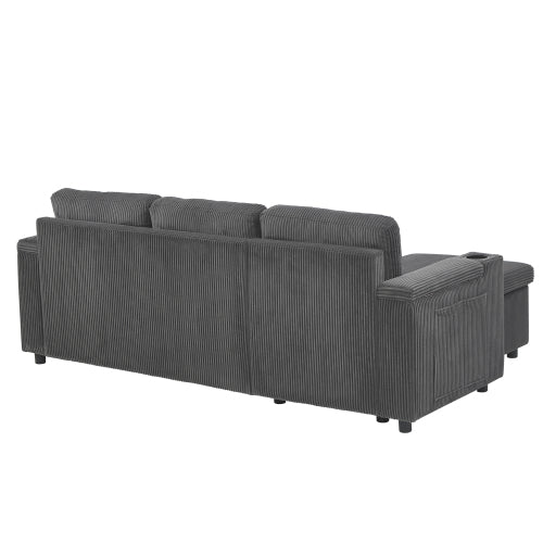 3 In 1 Convertible Corduroy Sofa Bed With Storage Chaise, L Shaped Sleeper Sofa Couches With Armrest Storage And Charging Station. Pullout Sectional Daybed For Living RoomBedroomOffice, Grey