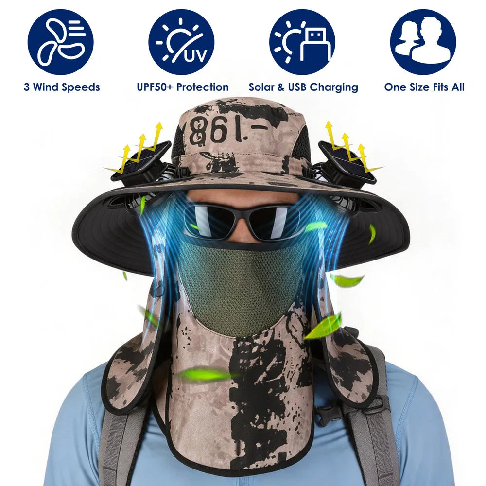2 In 1 Solar Fan Hat UPF50 & Sun Hat With Fans Wide Brim Fishing Hat With Face Cover Neck Flap Solar USB Charging For Hiking Gardening Outdoor Work