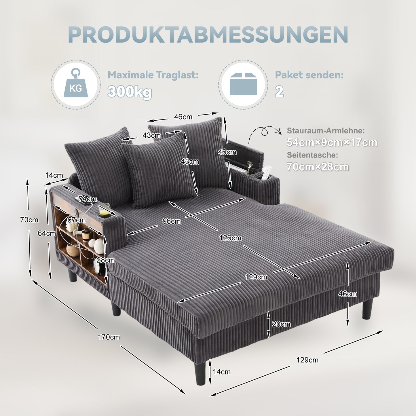 Multifunctional Corduroy Lounge With Chaise Longue With Large Lying Surface, Cup Holders On Both Sides, LED Lighting, Side Pocket, Storage Space, USB Charging Port, Sturdy Plastic Feet  Versatile.