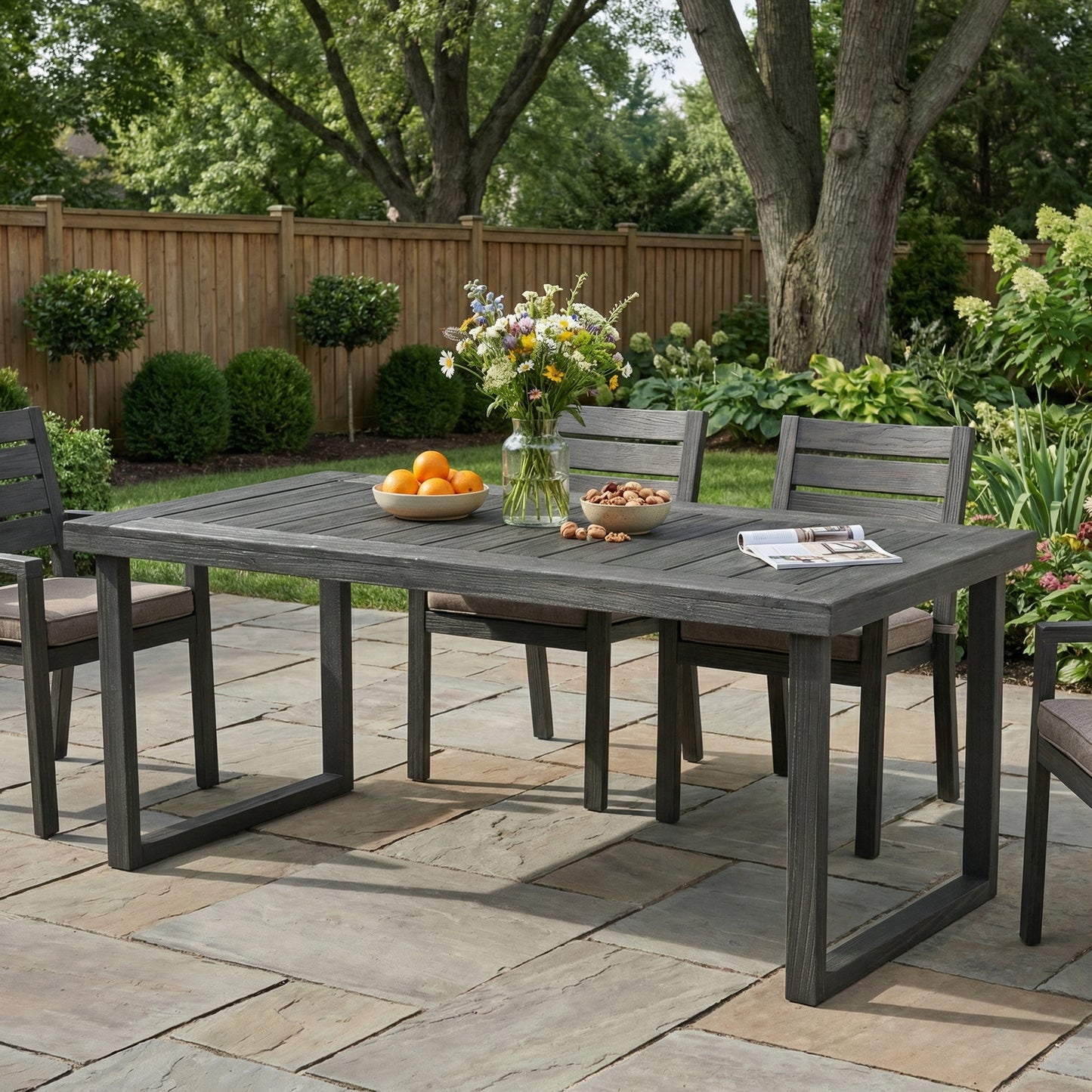 Outdoor 69  Acacia Wood Dining Table, Sandblast Dark Gray Finish