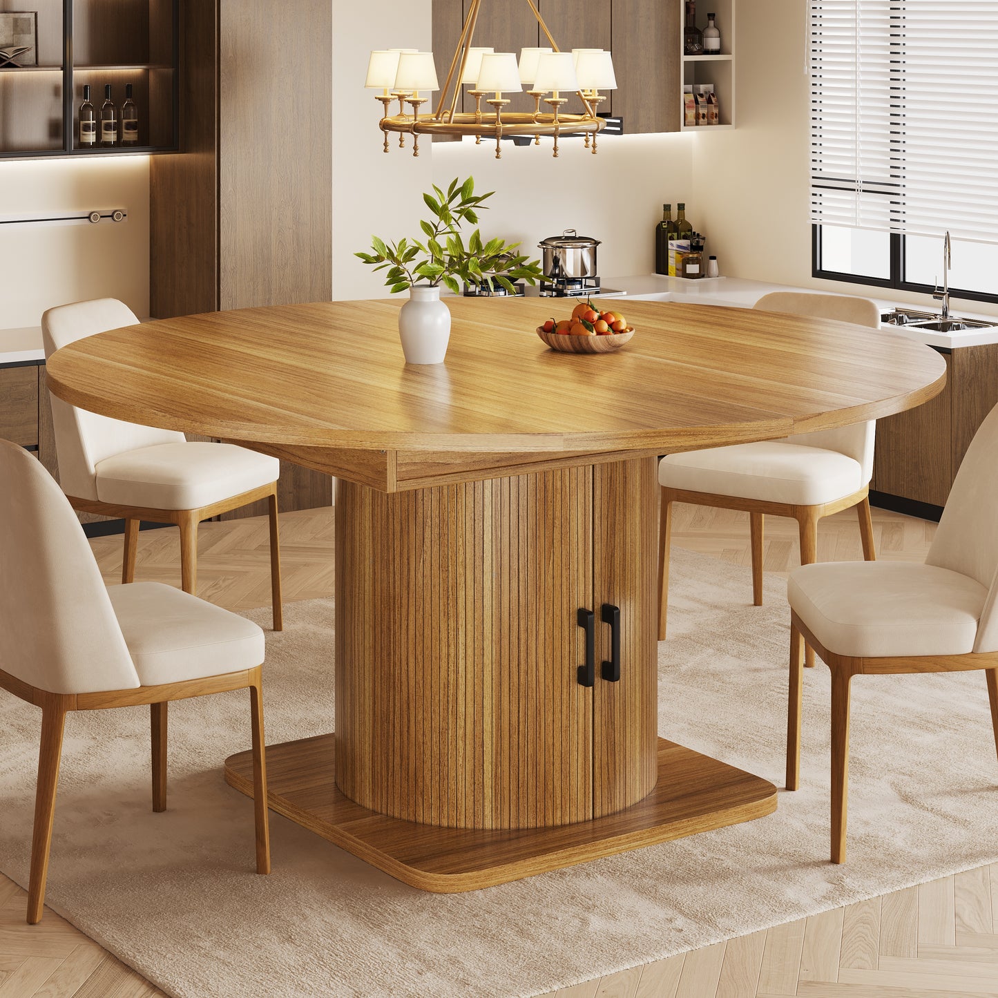 Extendable Dining Table With Storage, Multifunctional Folding Table With Wine Rack, Space-saving Kitchen Table For Small Rooms And Dining Rooms, MDF Tabletop, Natural Brown