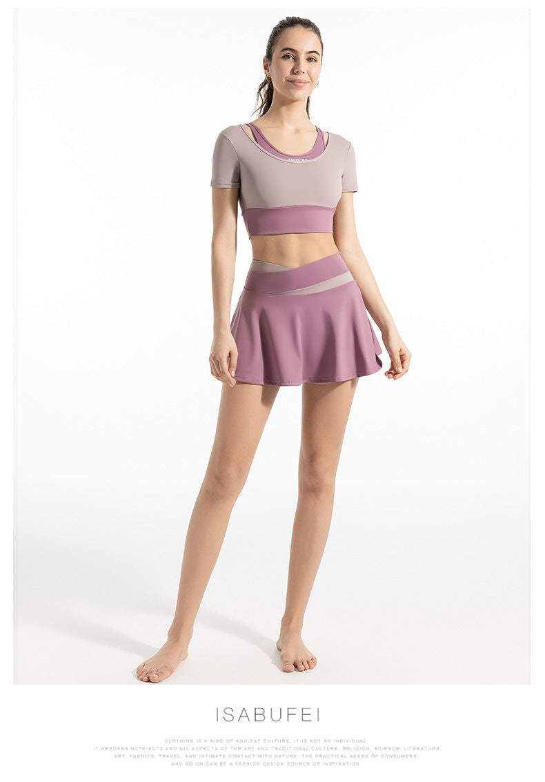 Color-matching Outer Wear High Elastic Band Chest Mat Yoga Suit Fake Two-piece Short-sleeved T-shirt Naked Sense Anti-running Light Sports Skirt Set