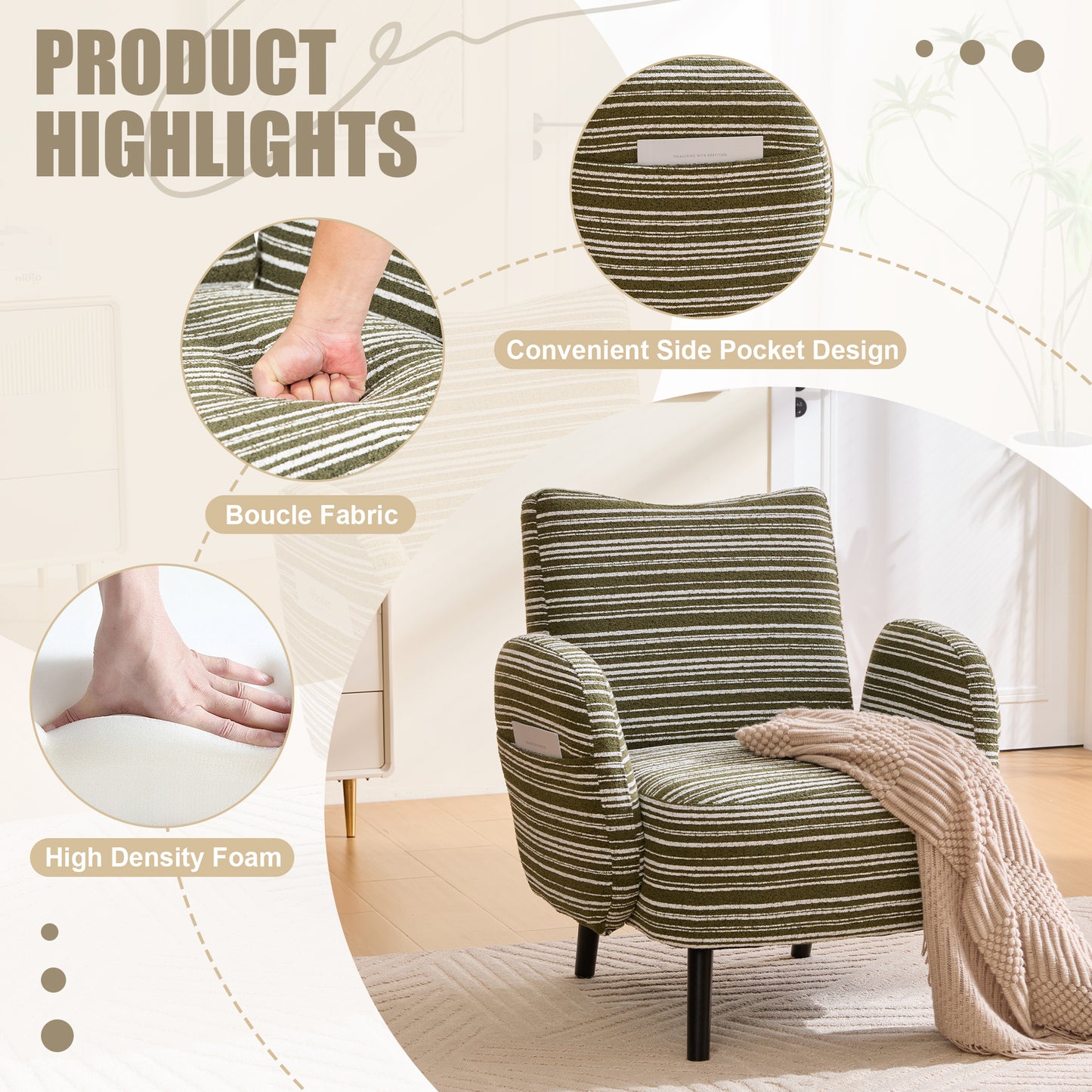 Modern Style Armchair With Sanded Fabric, Side Storage Pocket, Solid Wood Legs, Comfortable Reading Chair For Living Room, Bedroom, Office