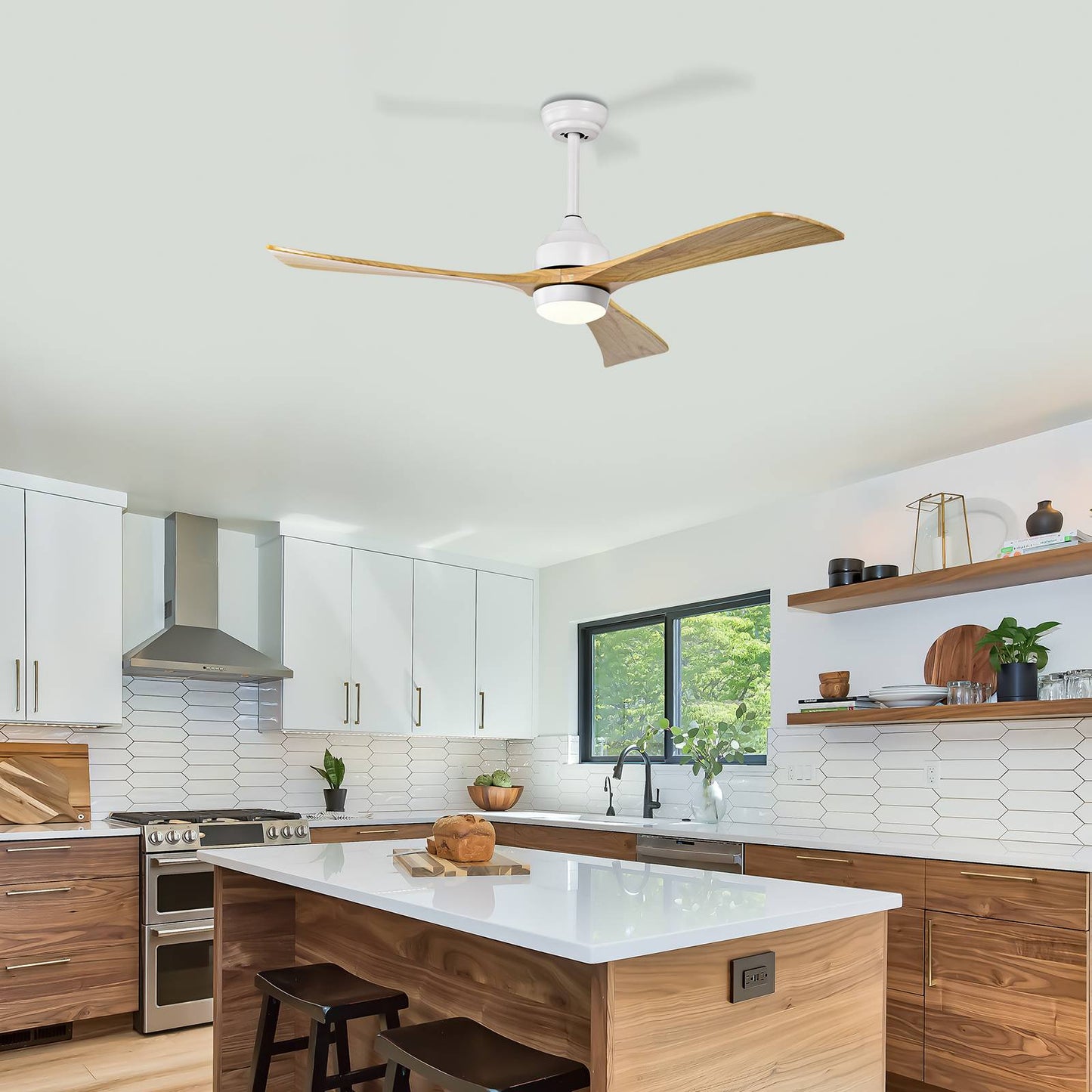 52  Solid Wood Blades Ceiling Fan With Lights Remote Control,Quiet DC Motor 3 Blade Ceiling Fans 6 Speed Levels,Reversible Ceiling Fan, For Patio Living Room, Bedroom, Office,Indoor. White  Natural