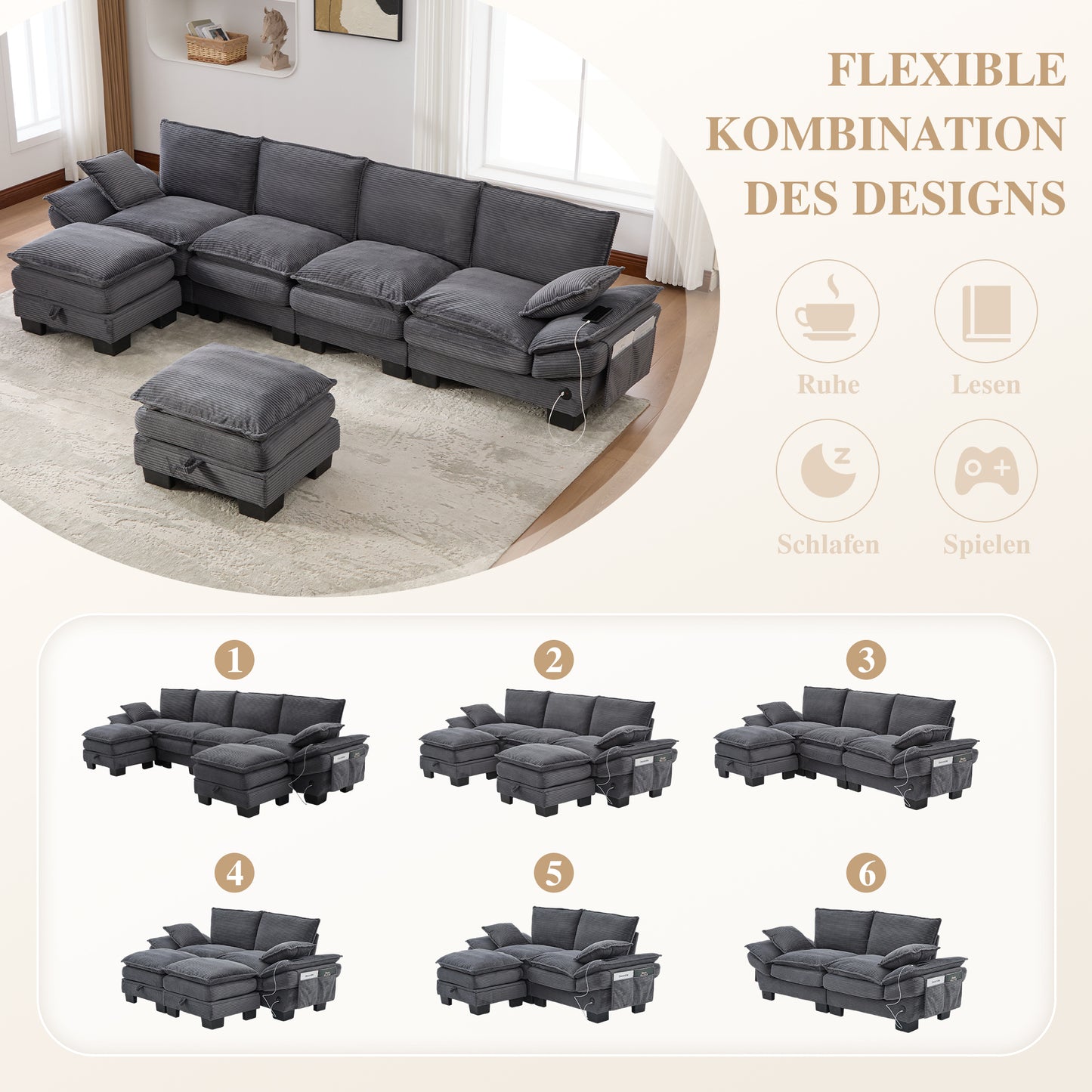 Modular 4-seater Corduroy Sofa  With 2 Stools Wide Seat, Ergonomic Design, High-density Foam Padding, USB-C Port And Side Pockets.Ideal For Living Room, Office Or Lounge.DarkGray