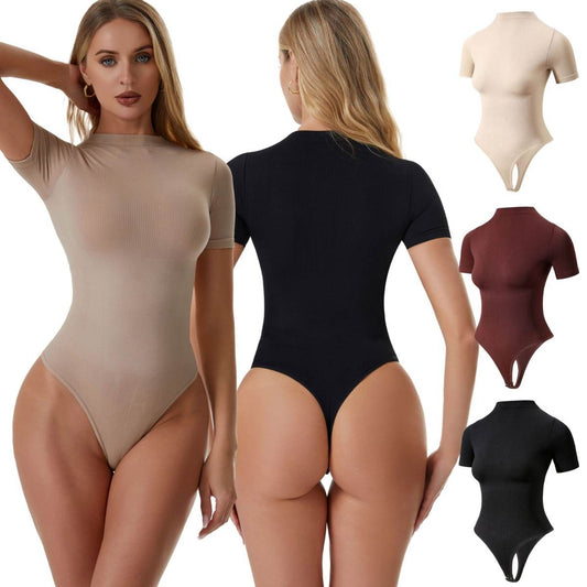 Plus-size Shapewear Bodysuit For Women, Waist Trainer, Body-shaping Undergarment, Yoga Crewneck Short-sleeve Fitness Base Layer