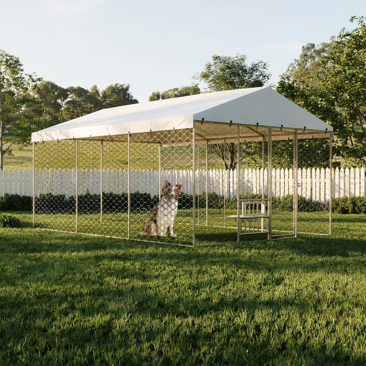 15x10 FT Large Outdoor Dog Kennel with Canopy, Heavy Duty Galvanized Steel Frame, Waterproof Cover, Built-in Elevated Feeding Bowls, Escape-Proof Lockable Pet Playpen for Large Dogs & Multiple Animal