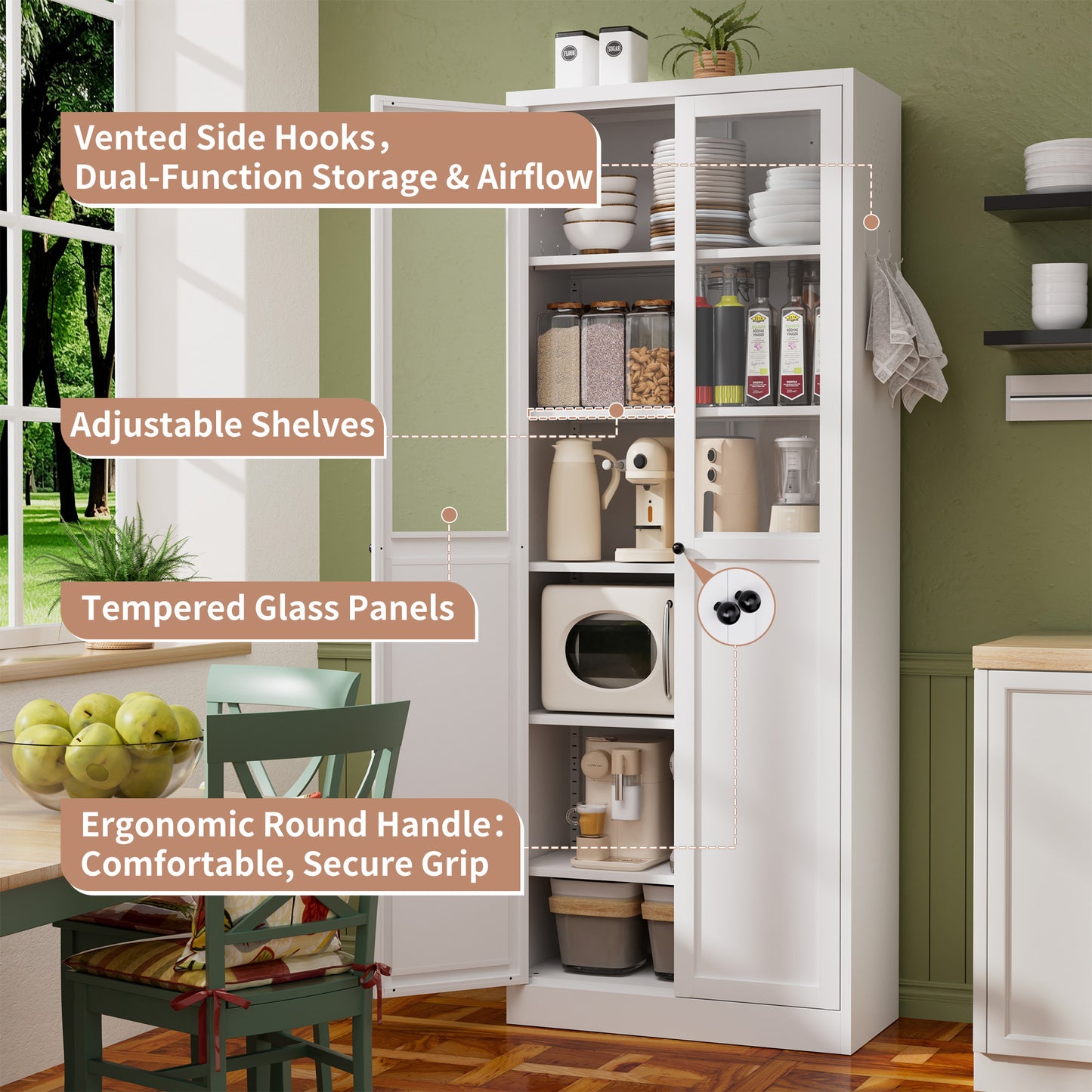 72  Metal Kitchen Pantry Cabinet With Doors & Shelves, Tall Heavy-Duty Adjustable Storage Organizer, Tool-Free Assembly Freestanding Cabinet For Living Room, Bathroom, White