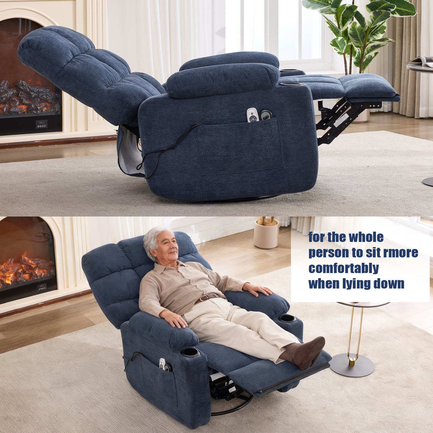 Heat Massage Manual Recliner Chair With Rocker And Swivel In Fabric For Living Room, Blue