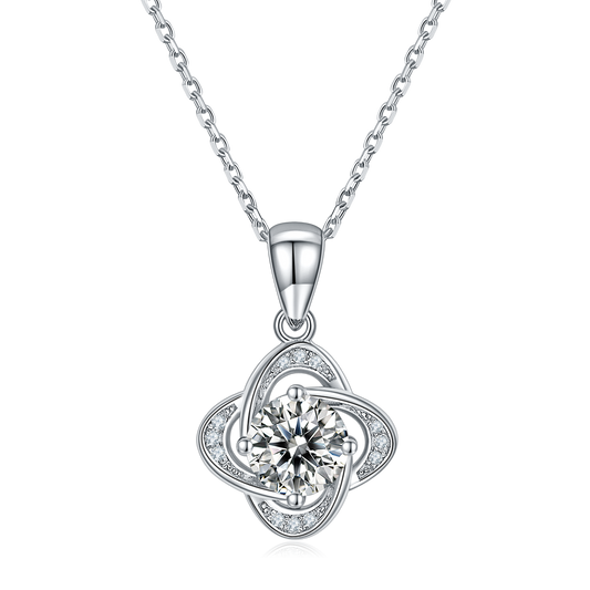 S925 Sterling Silver 4-Leaf Clover Pendant Necklace, 1ct D-VVS1 Moissanite & Lab-Grown Gems, Platinum Plated 2.4g With GRA Certificate Gift Box