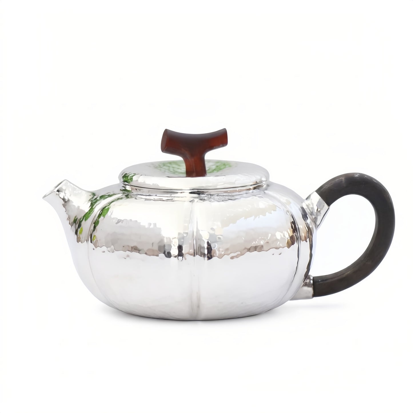 925 Sterling Silver Exquisite Hammered Silver Teapot with Dark Wooden Accents and Lobed Body Design - Handicraft