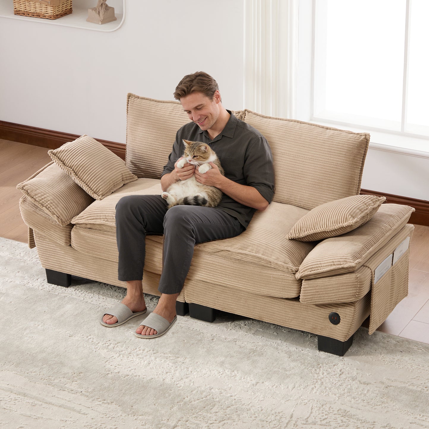 Modular Corduroy Sofa For 2 People With A Wide Seat, Ergonomic Design, High-density Foam Padding, USB-C Port And Side Pockets. Ideal For Living Room, Office Or Lounge.Khaki