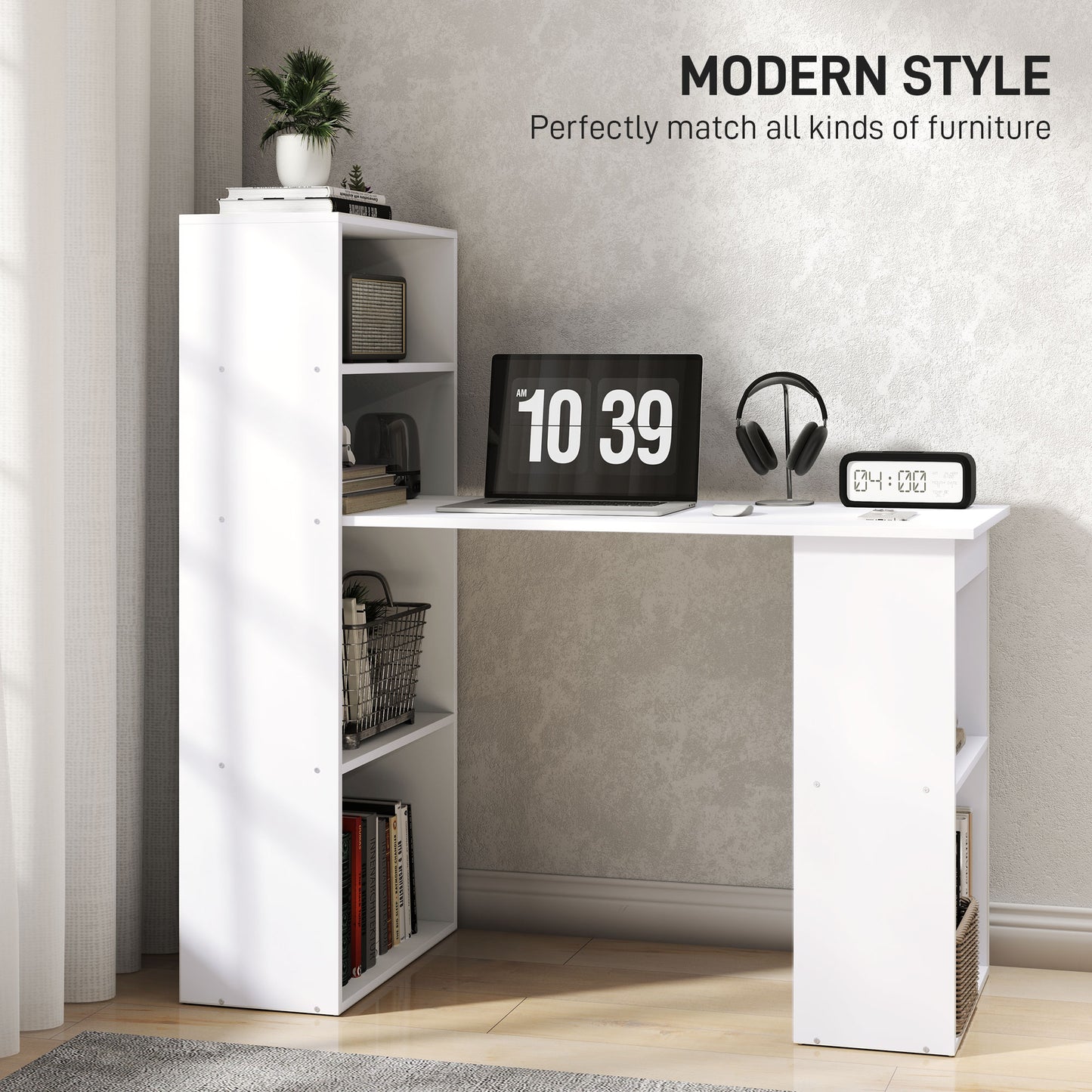 120cm Computer Desk, Wooden PC Laptop Table With 6-Tier Storage Bookshelves, Home Office Working Study Desk, Writing Workstation, White