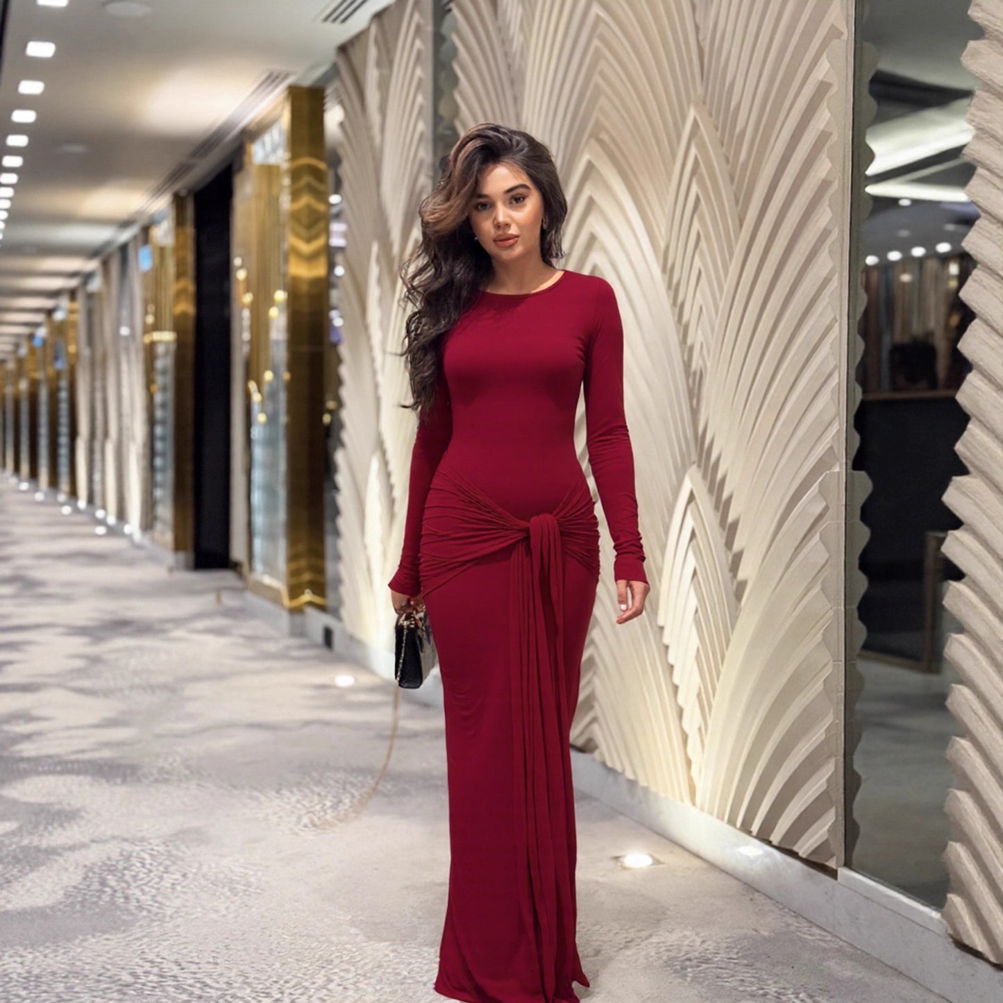Womens Long-sleeve Body-hugging Crew-neck Fashionable Sheath Dress