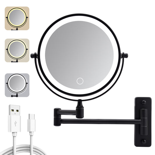 Wall Mounted Lighted Makeup Mirror, 10 00mAh Rechargeable Double Sided 1X 10X Magnifying Mirror With Light,3 Color Lights,Touch Dimmable, Extended Arm 360 Rotation Wall Mounted Makeup Mirror