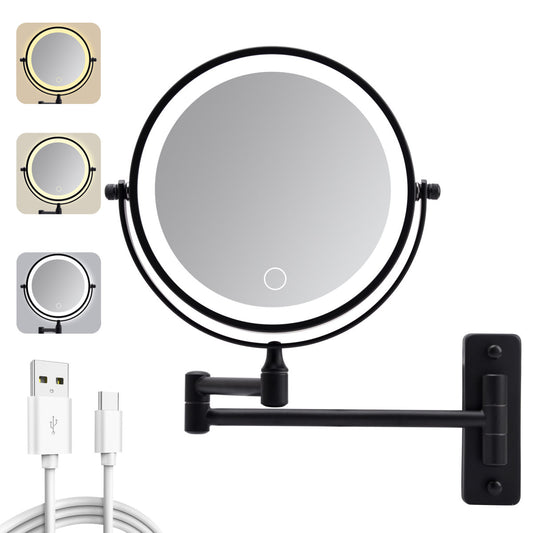 Wall Mounted Lighted Makeup Mirror, 10 00mAh Rechargeable Double Sided 1X 10X Magnifying Mirror With Light,3 Color Lights,Touch Dimmable, Extended Arm 360 Rotation Wall Mounted Makeup Mirror