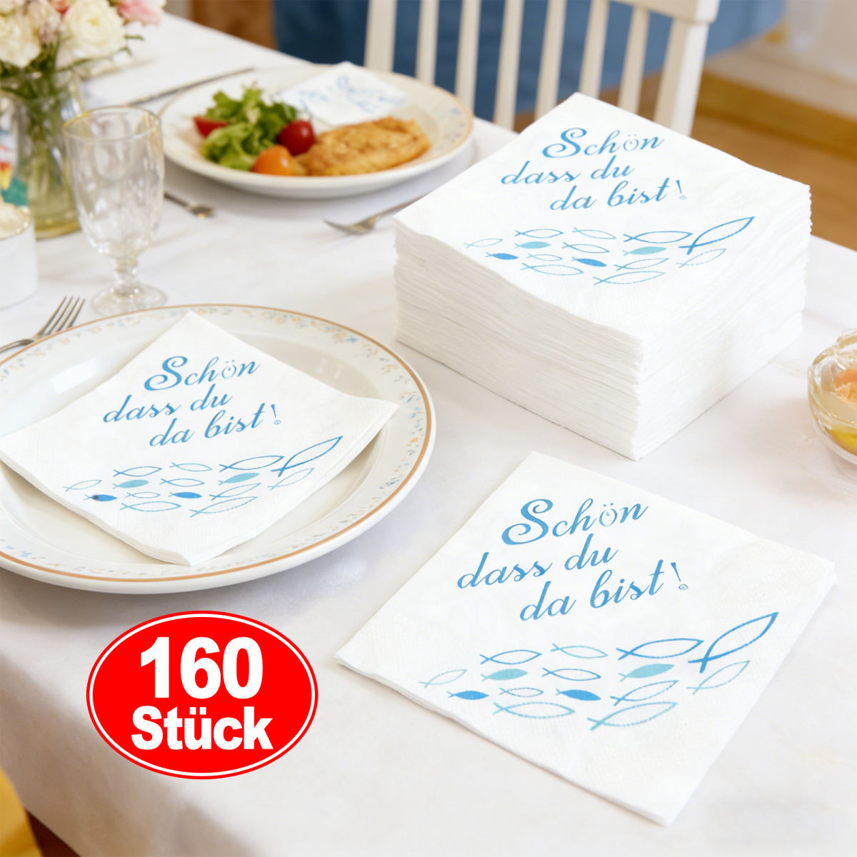 4-Pack “Glad You're Here” Napkins, Blue Fish Motifs, 40 Pieces Per Set, For Parties—party Accessories Set