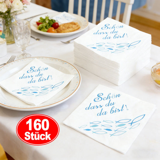 4-Pack “Glad You're Here” Napkins, Blue Fish Motifs, 40 Pieces Per Set, For Parties—party Accessories Set