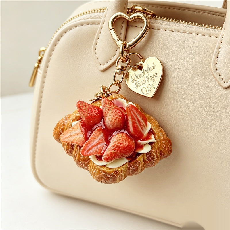 Artificial Food Cream Fruit And Croissant Keychain Pendant