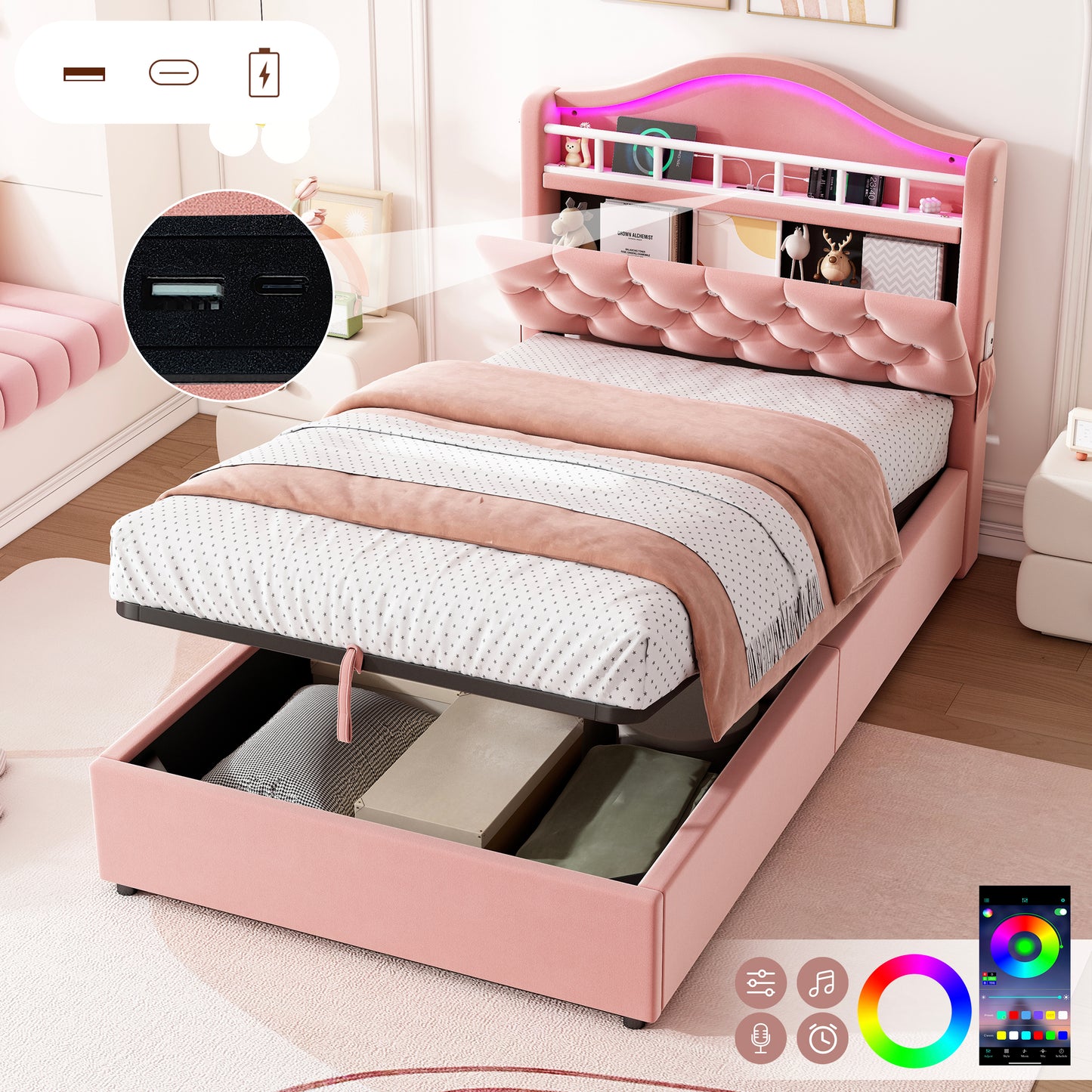 3ft Single Hydraulic Bed In Velvet, LED Bed Frame With Charging Station & Diamond Tufted Headboard, Multi-zone Storage, Solid & Stable Base,   No Mattress