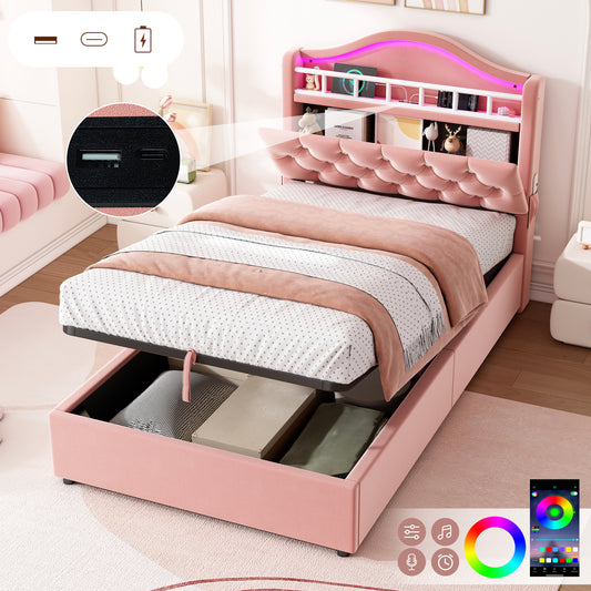 3ft Single Hydraulic Bed In Velvet, LED Bed Frame With Charging Station & Diamond Tufted Headboard, Multi-zone Storage, Solid & Stable Base,   No Mattress