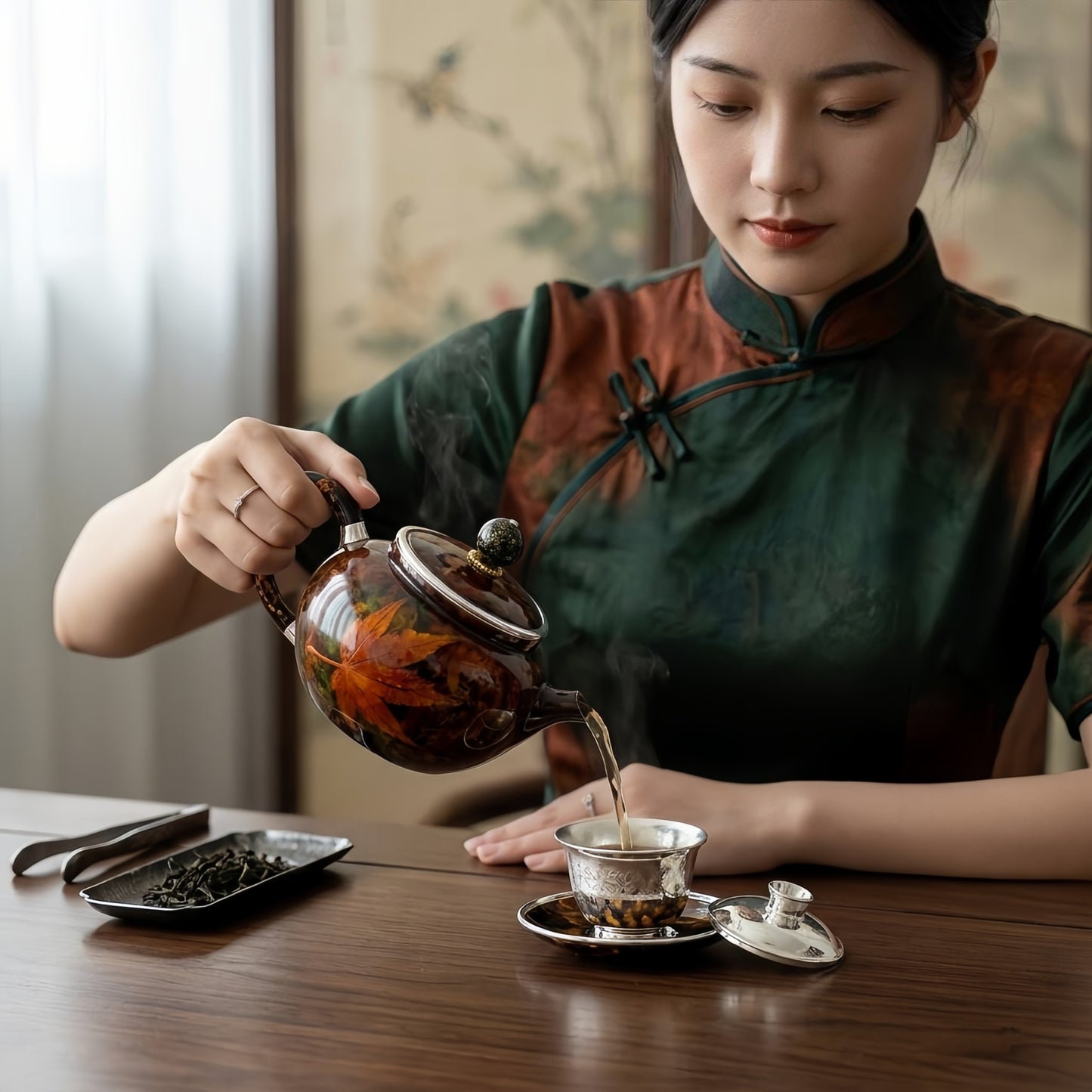 925 Sterling Silver Artisanal Autumn Maple Leaf Teapot Featuring Vibrant Seasonal Foliage and Elegant Silver Accents - Handicraft