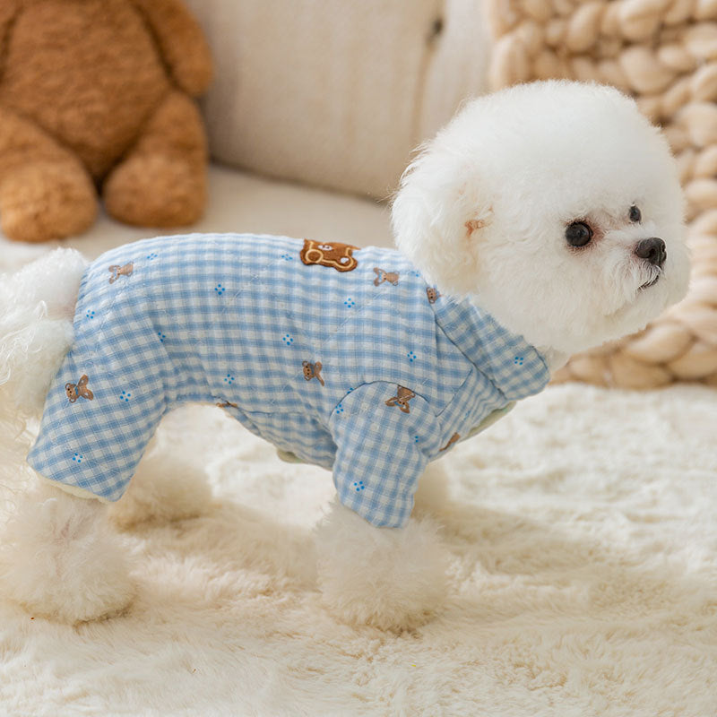 Cute Korean Cartoon Checkerboard Pattern Bear Full-printed Four-legged Cotton Coat For Dogs In Autumn And Winter, Teddy Pet Clothes For Cats