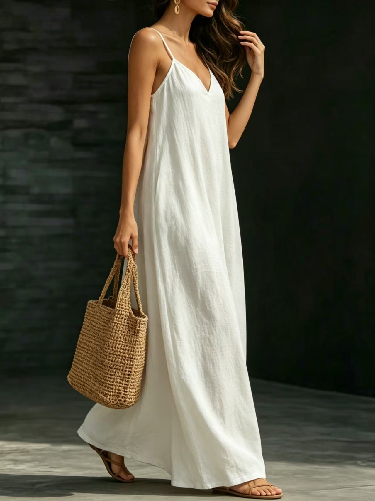 Summer V-Neck Spaghetti Strap Flowy Maxi Dress - Casual Fashion Solid Color Long Dress For Women Vaction Dress